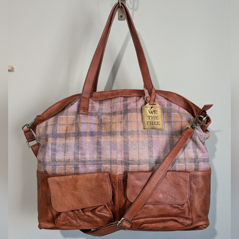 Free People We the Free Leather Rockport Tote Madras Plaid - Picture 3 of 12
